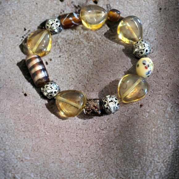 Boho Amber/Brown/Silver Chunky Beaded Stretch Bracelet - Picture 14 of 15